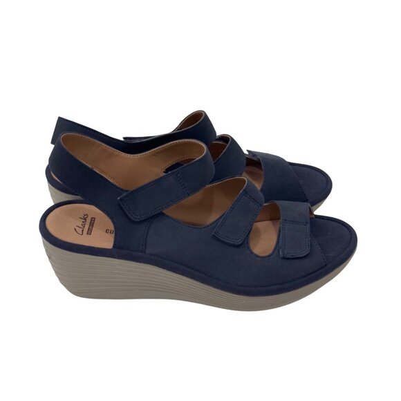 Clarks Navy Blue Nubuck Adjustable Strap Wedge Sandals Women Size 9.5M Comfort - Picture 2 of 14